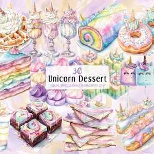 ユニコーンデザートのイラスト。おいしいパステルカラーのペストリー、カラフルなアイスクリーム、カップケーキ、かわいいケーキポップドーナツメレンゲ | PNG クリップ アート