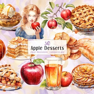 Desery jabłkowe. Ilustracje w stylu akwareli. Czerwone jabłka, ciasto, ciasto owocowe, placek, sok, pieczony i suszony plasterek jabłka | PNG clipart