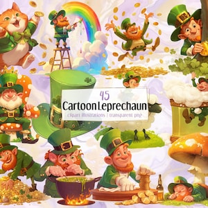 Op de afbeelding: Een set van 45 cartoon leprechaun clipart-illustraties. De illustraties tonen een verscheidenheid aan leprechauns in verschillende poses, waaronder het vasthouden van een pot met goud, zitten op een troon en drinken uit een mok. De illustraties zijn perfect om een vleugje Ierse charme aan je projecten toe te voegen.