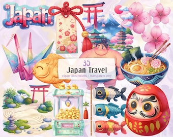 Japan Travel | PNG clipart illustration bundle. Japanese scenery, souvenirs, kawaii character, traditional & modern culture, food, cute toys