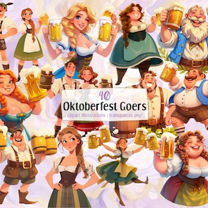 Ilustraciones de dibujos animados de asistentes al Oktoberfest. Volksfest bávaro, festival de la cerveza alemana, hombres bebiendo, mujeres con dirndl celebrando / Clip art PNG
