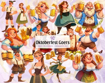 Cartoon Oktoberfest Goers illustrations. Bavarian Volksfest, German beer festival, men drinking, woman in dirndl celebrating | PNG clip arts
