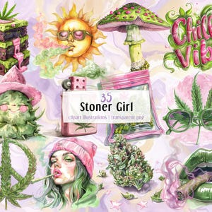 Illustrationen zum Thema Stoner Girl. Niedliche lustige rosa & grüne Cannabis Elemente, Essbare Unkraut Blätter, Gelenk mit Rauch | PNG-Clipart