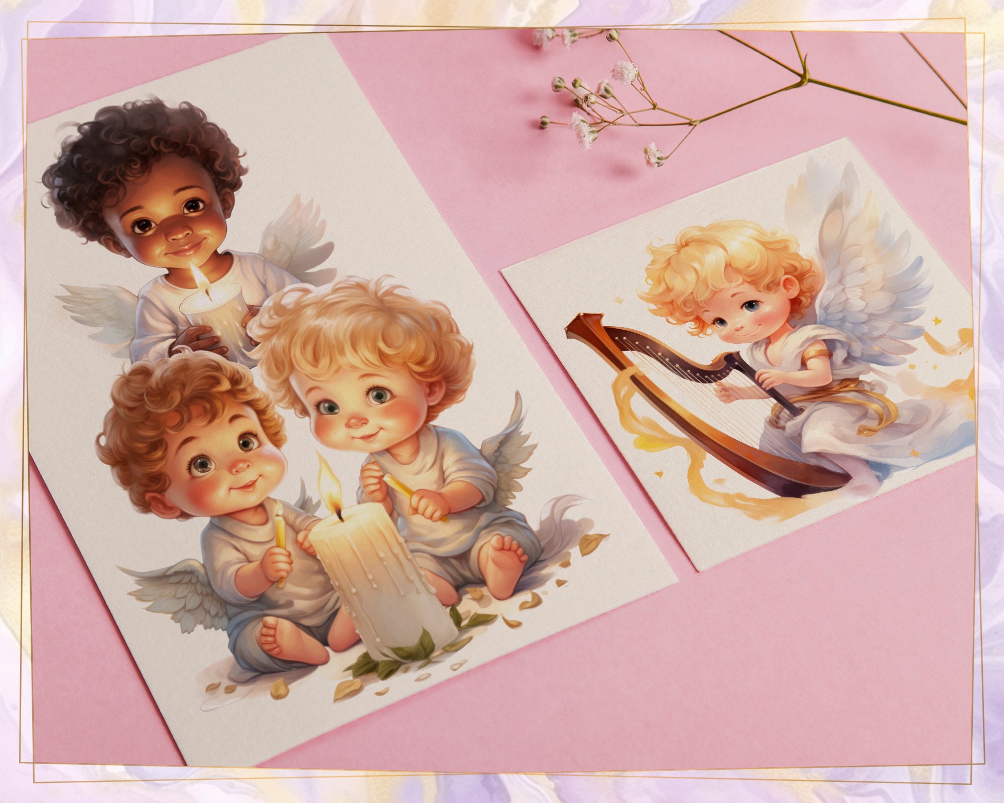 漫画の赤ちゃん天使のイラスト。聖なる子供たち、ろうそく、飛行、花を