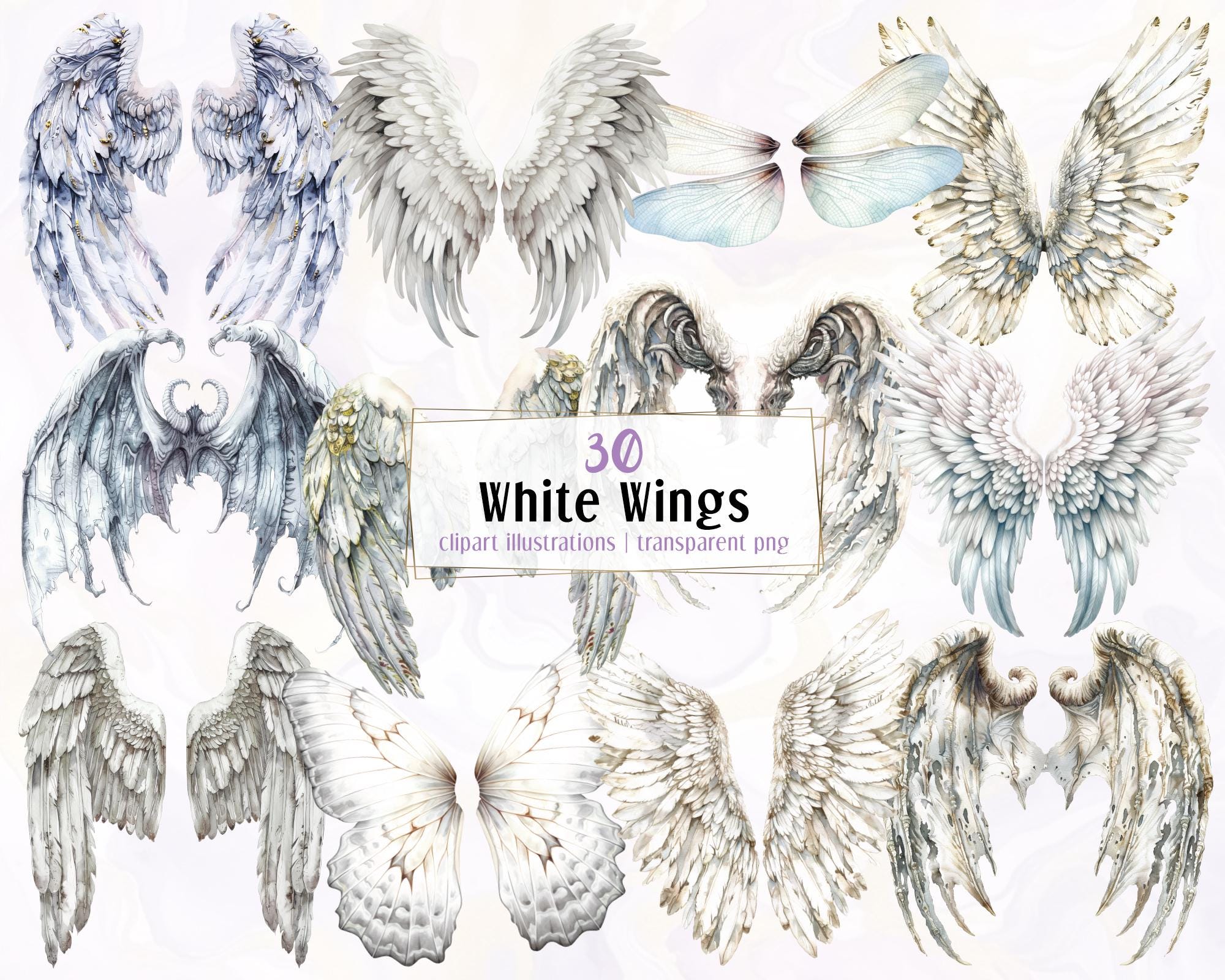 白い翼のイラスト。明るく想像上のファンタジーの翼、羽、悪魔、天使