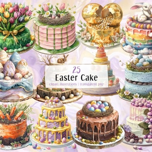 Ostern Kuchen Illustrationen. Lust auf festlichen Urlaub Kuchen mit Frühlingsblumen, Schokolade, Karotte, bunte Eier, Hase | PNG-Clipart