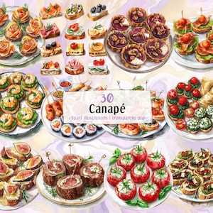Canapé-Illustrationen. Kleiner Happen serviert, Vorspeisen, Fingerfood-Aperitif auf Teller & Tablett, herzhafter Party-Snack, Lachs, Gemüse | PNG-Clipart