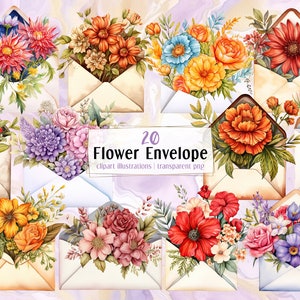 花の封筒。水彩風のイラスト。封筒に入った花、花のギフト、感謝のメッセージ、花束のラブメール | PNG クリップ アート
