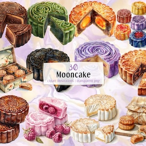 Ilustrações de bolo lunar. Deliciosos doces chineses, bolos lunares redondos e coloridos com recheios variados, chá verde de lótus e feijão doce | Clip arts em PNG