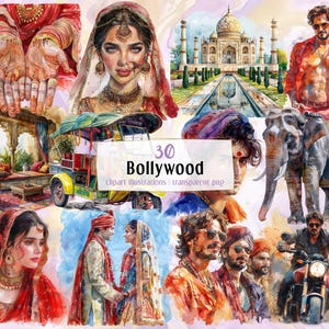 Pode incluir: Uma coleção de 30 ilustrações de aquarela que retratam vários aspectos da cultura de Bollywood. As ilustrações incluem uma noiva e um noivo, uma cerimônia de casamento tradicional indiana, uma riquixá, um elefante, o Taj Mahal e um ator de Bollywood.