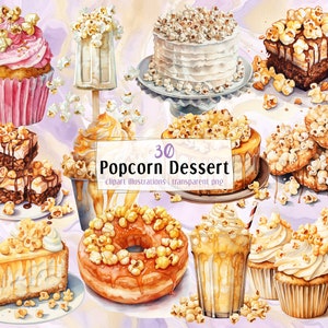 Popcorn Dessert illustrations. Delicious ice cream with popcorn flakes, cheesecakes, brownies, pop corny cupcakes, cookies  | PNG clip arts