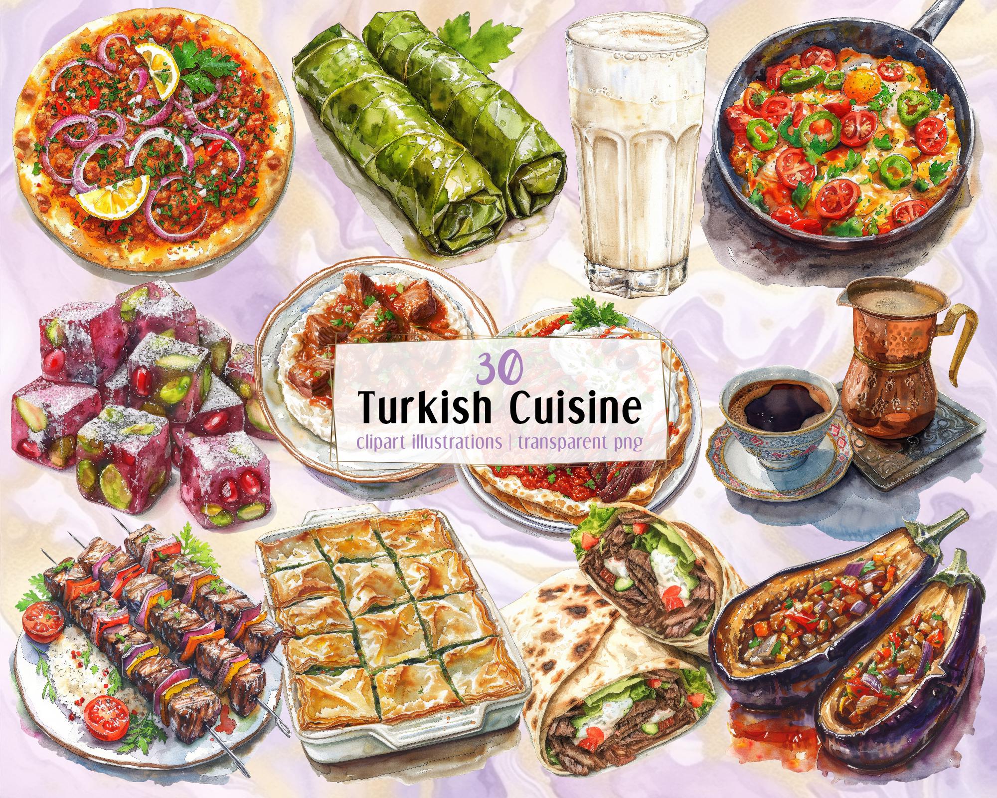 Turkish Cuisine illustrations. Delicious food from Türkiye, kebab dish, Lahmacun Dolma Meze Kofte Pide Ayran, Coffee, dessert | PNG clip art