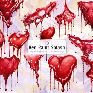 Puede incluir: 45 salpicaduras de pintura roja en varias formas, incluyendo corazones, goteando y salpicando, sobre un fondo de mármol blanco y morado.  Ilustraciones clipart Red Paint Splash | png transparente