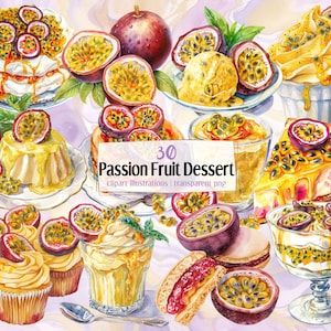 Ilustraciones de postre de maracuyá. Deliciosos pasteles, pasteles de crema, helado amarillo, cupcake, mermelada, tarta de queso tropical / imágenes prediseñadas PNG