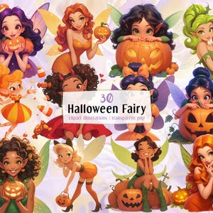 May include: A digital illustration featuring 30 Halloween fairy clipart images. The fairies are depicted with various hair colours, wings, and outfits, holding or near carved pumpkins. The text "30 Halloween Fairy" is visible.