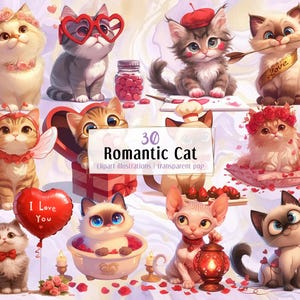 Romantische cartoonkatillustraties. Schattige schattige kittens vieren Valentijnsdag, harten rode rozen houden van ballonnen, picknick | PNG-illustraties