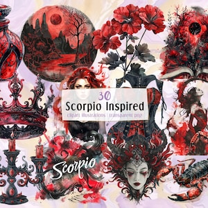 Ilustraciones inspiradas en Escorpio. Escorpión cumpleaños signo del zodiaco objetos elementos y mujeres, negro y rojo, imágenes prediseñadas oscuras poderosas / PNG