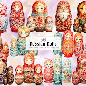 Russian doll. Watercolor style illustrations. Slavic traditional ornate wooden stacking nesting dolls. Colorful Matryoshka. | PNG clip arts