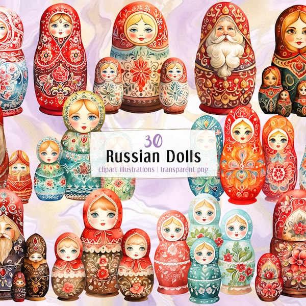 Russian doll. Watercolor style illustrations. Slavic traditional ornate wooden stacking nesting dolls. Colorful Matryoshka. | PNG clip arts