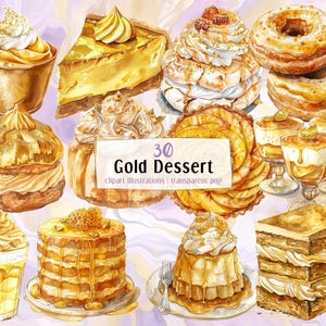 Gold Dessert Illustrationen. Köstliche Leckereien mit essbarem Gold. Cupcakes, Tortenstücke, goldene Donuts, glänzendes Sahnegebäck | PNG-Cliparts