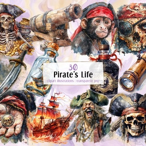 Piraten's Life Illustrationen. Piraterie thematische Objekte, Affe, Schatztruhe, Schädel, Flagge, Schiff, Augenklappe, Kanone Waffe, Rum | PNG-Clipart