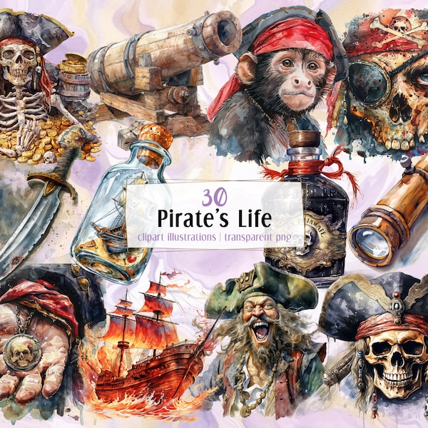 Pirate's Life illustrations. Piracy themed objects, monkey, treasure chest, skulls, flag, ship, eye patch, cannon weapon, rum | PNG clip art