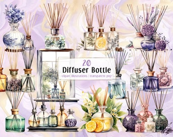 Diffuser bottle illustrations. Colorful aromatic fragrance home decoration, floral reed sticks diffusers, scent glass bottles | PNG clip art