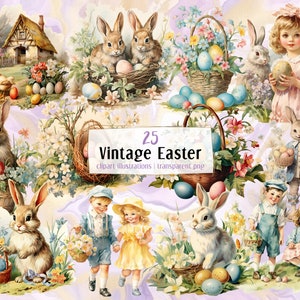 Illustrazioni d'epoca di Pasqua. Immagini in stile cartolina di vacanze retrò, uova nell'erba, fiori primaverili, coniglietti, bambini con cestini/clipart PNG