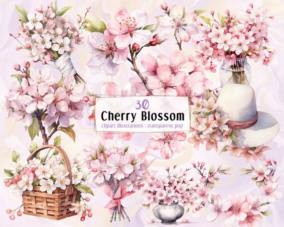 桜の花、水彩画風のイラスト。花飾り、花束、美しく咲く枝 | PNG