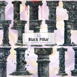 Black Pillar illustrations. Dark gothic style architecture elements, classic decorative pillars, marble & stone columns | PNG clip art