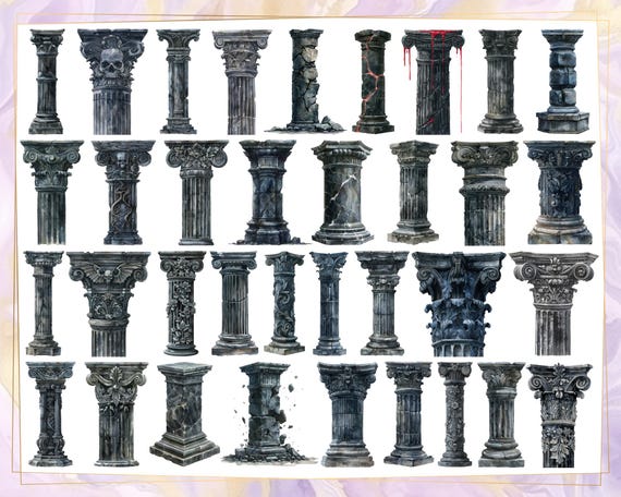 黒い柱のイラスト。ダークゴシック様式の建築要素、クラシックな装飾柱