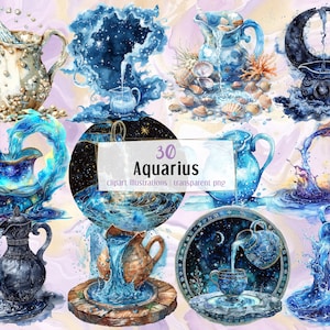 Illustrations du Verseau. Signe astrologique du zodiaque anniversaire représenté par le symbole du porteur d'eau dans différents styles, céleste | clipart PNG