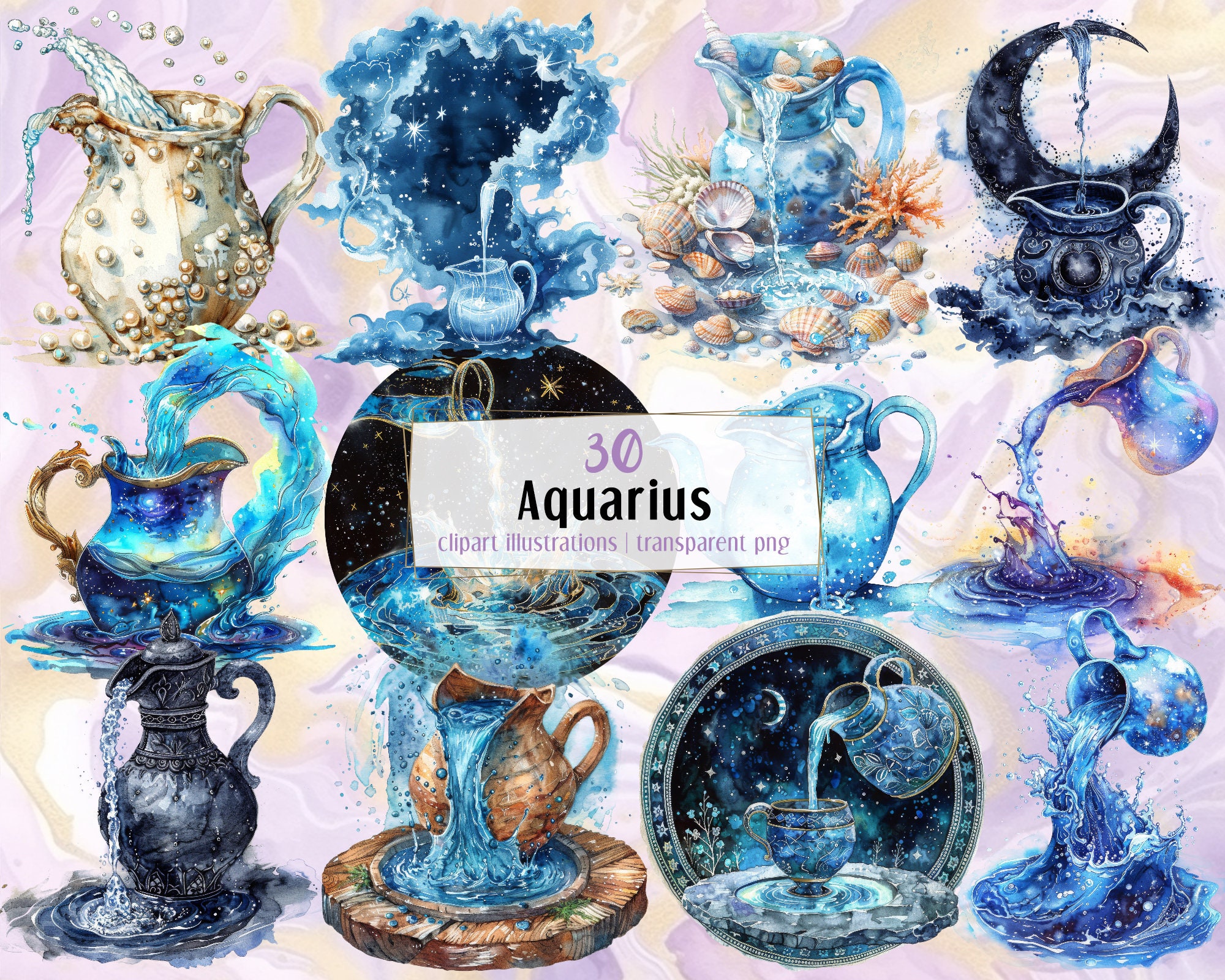 水瓶座のイラスト。誕生日の星座は、さまざまなスタイルの水瓶座の