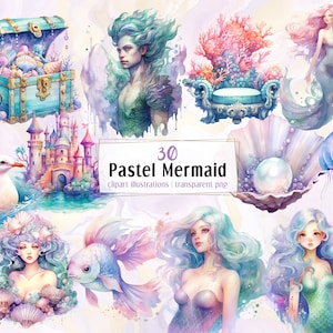Pastel sirenas y tritones. Sirena de colores suaves, objetos, vida acuática. Fantasía mística, cuento de hadas submarino / ilustraciones de imágenes prediseñadas PNG
