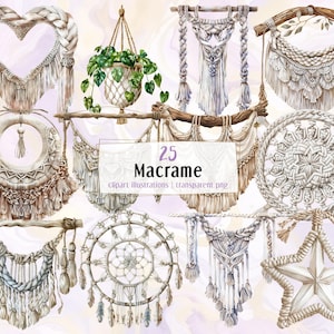 Könnte beinhalten: Ein Set mit 25 Aquarell-Illustrationen von Makramee-Wandbehängen, Traumfängern und anderen Boho-Dekorationen. Die Illustrationen sind in einem hellbraunen und weißen Farbschema gehalten und haben einen handgemalten Look.