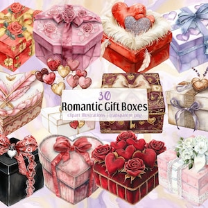 Ilustrações de Caixas de Presente Românticas. Presentes fofos decorados para o dia dos namorados, caixa em forma de coração, corações, flores e elementos de renda | PNG clip arts