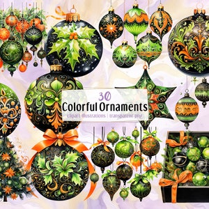 May include: 30 watercolor illustrations of Christmas ornaments in green, black, and gold with intricate designs. The ornaments are in various shapes, including round, star, and bell. The image also includes a box filled with ornaments and a small Christmas tree.