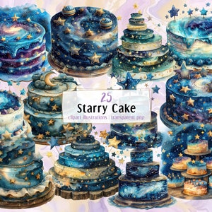 Ilustraciones de pasteles estrellados. Pasteles de boda y cumpleaños, diseño de fantasía, galaxia, estrellas brillantes, pastel de capas celestiales, postre elegante / clip art PNG