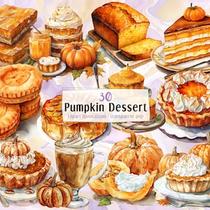 Ilustracje Pumpkin Dessert. Pyszne jesienne ciasto, torty z kremem, latte, ciasta na Święto Dziękczynienia, ciasteczka, chleb, tarty | PNG clip arts