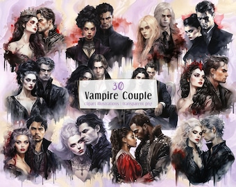 May include: A digital illustration set of 30 vampire couples in various poses. The illustrations are in a watercolour style with soft colours and a romantic theme. The set includes a variety of couples, including those with long hair, short hair, and different skin tones. The illustrations are perfect for use in digital scrapbooking, card making, and other creative projects.