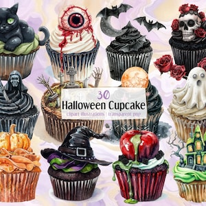 Halloween Cupcake Illustrationen. Niedliche gruselige Designs, Feiertags-Horror-Desserts, Hexenhut, Augapfel, Gespenst, Kürbis-Cupcakes | PNG-Cliparts