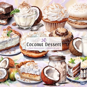 Ilustraciones de postre de coco. Postres exóticos tropicales, pasteles cremosos con hojuelas, helado blanco dulce, cocos, chocolate / PNG clip art