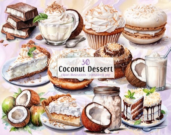 Kokosdessert illustraties. Tropische exotische desserts, romige taarten met vlokken, zoet wit ijs, kokosnoten, chocolade | PNG-illustraties