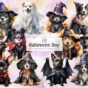 Chiens d'Halloween en costumes, illustrations colorées. Adorables animaux de compagnie effrayants, chien habillé en chauve-souris, fantôme, sorcière, vampire | Clipart PNG