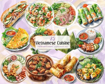Ilustraciones de la cocina vietnamita. Deliciosos platos vietnamitas, comida asiática, sopa pho, rollitos de verano, arroz, mariscos, camarones goi tom / Imágenes prediseñadas PNG