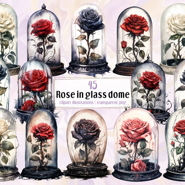 Enchanted rose in glass dome watercolor style illustrations. Beautiful mystical flower, dark fairytale roses | PNG clip arts | Digital files