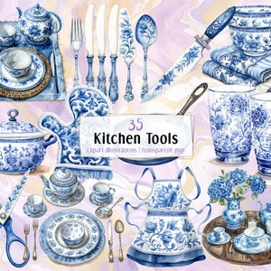 Illustrations d'ustensiles de cuisine en porcelaine bleue. Vaisselle et ustensiles de cuisine, services de table, ustensiles décorés de chinoiseries vintage bleu-blanc | Clipart PNG