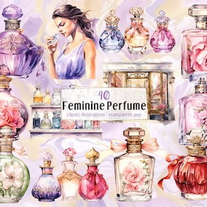 Illustrazioni di profumi femminili. Flacone di vetro per fragranze aromatiche, colori tenui e femminili rosa, set di colonie di lusso da collezione / clipart PNG