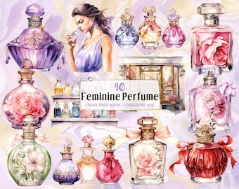 女性らしい香水のイラスト。芳香のある香水のガラス瓶、ピンクの