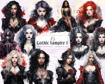 Gothic vampire female, watercolor style illustrations. Dark mysterious fantasy beauty portraits. Goth woman wearing black | PNG clip arts